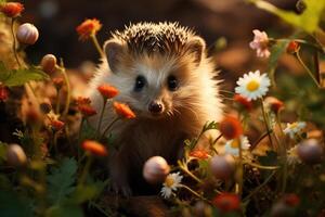 bebé erizo en primavera verde césped con flores generativo ai foto