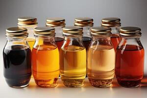 Honey of various types in glass jars. photo