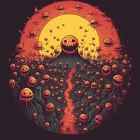 A whimsical illustration of a creature or character from a horror story in a spooky landscape, photo