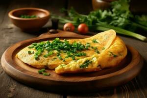 Rustic omelet on wooden plate with parsley. Generated AI photo
