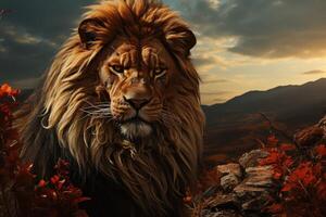 Majestic lion surrounded by nature. Generative AI photo