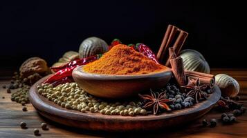 Spices and herbs banner background. Variety of spices. Generative AI photo