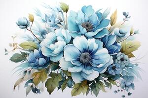 Botanical blue flower watercolor bouquet elegance blooming. Generative AI photo