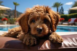 Poodle puppy sits on a lounger near the pool in the summer. photo