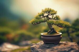 Close up of small bonsai tree with blurred background. Generative AI photo