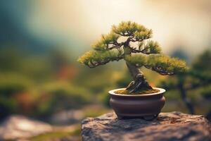 Close up of small bonsai tree with blurred background. photo