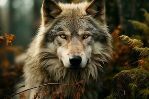 un grande masculino gris lobo en el bosque. generativo ai foto