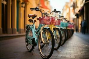 Bicycles of different colors and shapes parked. Self service ecological means of transport for rent. Generative AI photo