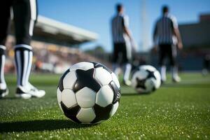 Football soccer ball at the kickoff of a game. Generative AI photo