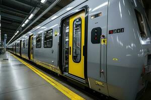 View on wagon of the high speed train with yellow door closed in the rail station. Generative AI photo