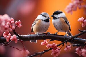 Two birds sitting on a branch with pink blossoms. Generative AI photo