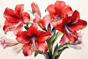 Watercolor illustration of red flower amaryllis. Generative AI photo