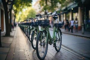 Bicycles of different colors and shapes parked. Self service ecological means of transport for rent. Generative AI photo