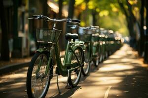 Bicycles of different colors and shapes parked. Self service ecological means of transport for rent. Generative AI photo