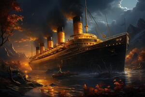 Ancient ship in ocean with smoke. photo