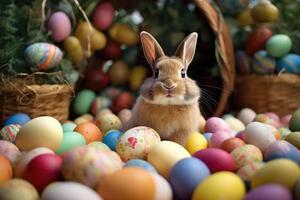 a rabbit sitting in a pile of colored eggs. photo