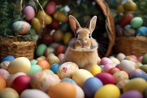 a rabbit sitting in a pile of colored eggs. Generative AI photo