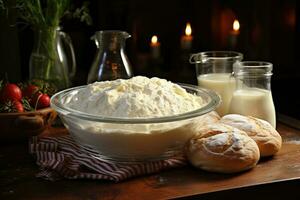 Ingredients for dough on table. Generative AI photo