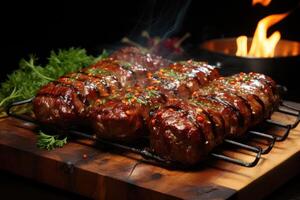 carne brocheta A la parrilla en un parrilla red. generativo ai foto