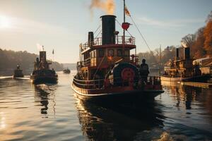 Old steamboat with smoke in river. photo