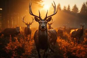 Shot of a large herd of deer running. photo
