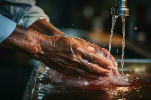manos de mayor hombre lavar su manos en un lavabo con espuma. generativo ai foto