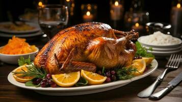 Christmas or thanksgiving turkey on table. Generative AI photo