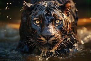 majestuoso pantera carreras en agua. generativo ai foto