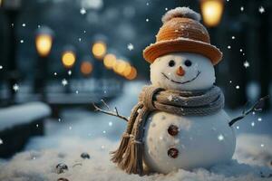 Little cute snowman in a knitted hat and scarf on snow on a sunny winter day. Christmas card. Generative AI photo