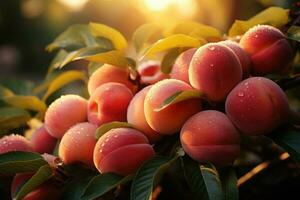 Peaches orchard full of ripe fruits. Generative AI photo