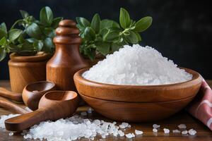 Salt in a bowl on a wooden table. photo