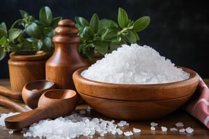 Salt in a bowl on a wooden table. Generative AI photo