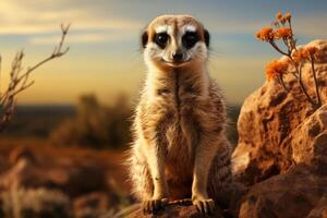 Meerkat on guard in the prairie. Generative AI photo