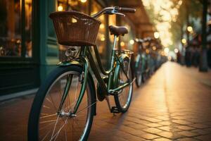 bicicletas de diferente colores y formas estacionado yo Servicio ecológico medio de transporte para alquilar. generativo ai foto