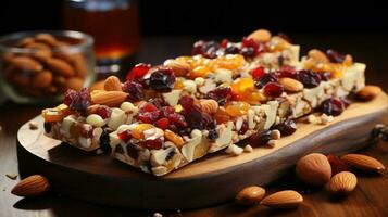 Cereal superfood energy bars with almond nuts, dry fruits, raisins chocolate. Generative AI photo