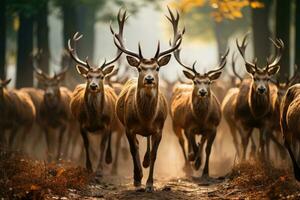 Shot of a large herd of deer running. Generative AI photo