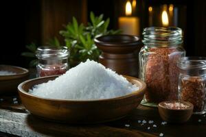 Salt in a bowl on a wooden table. Generative AI photo