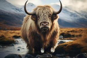 Domestic yak with mountains in the background. Generative AI photo