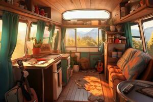 Cozy interior in the trailer of mobile home. Generative AI photo