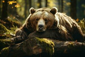 descansando en el bosque es un marrón oso. generativo ai foto