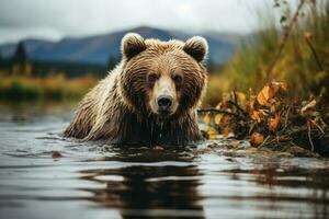 Brown bear fishing in a river. Generative AI photo