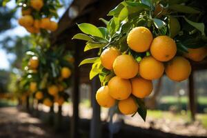 naranjas huerta con Fresco orgánico jugoso maduro agrios frutas colgando creciente en un árbol rama. generativo ai foto