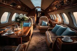 Luxury interior of a private spacious airplane. Generative AI photo