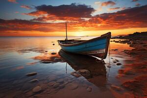 un barco en el apuntalar de un lago. generativo ai foto