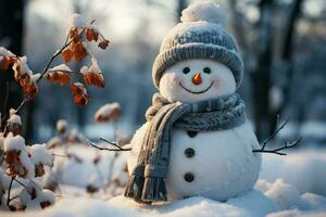 pequeño linda monigote de nieve en un de punto sombrero y bufanda en nieve en un soleado invierno día. Navidad tarjeta. generativo ai foto
