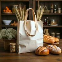 Eco bag with products fresh bread. Zero waste use less plastic concept. Generative AI photo