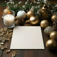 Blank sheet of paper on the wooden table and christmas decorations. Generative AI photo