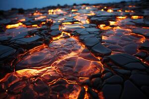 Scorched rock floor with molten rocks and lava cracks. Generative AI photo