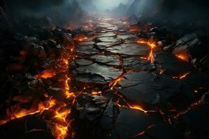 Scorched rock floor with molten rocks and lava cracks. Generative AI photo