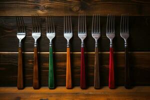 Antique fork on a wooden table. Generative AI photo